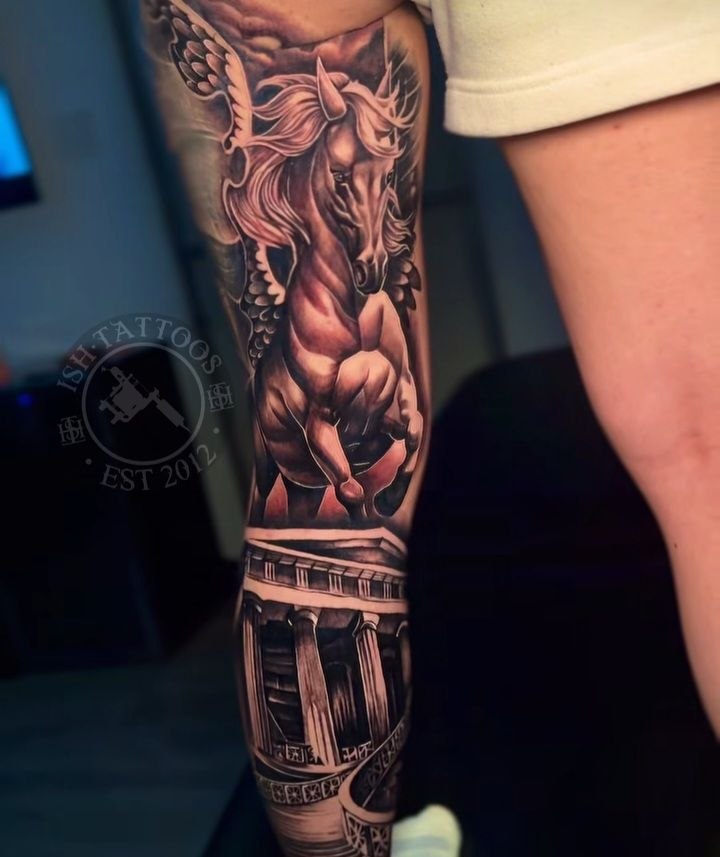 Black and grey Pegasus and Greek temple leg sleeve tattoo